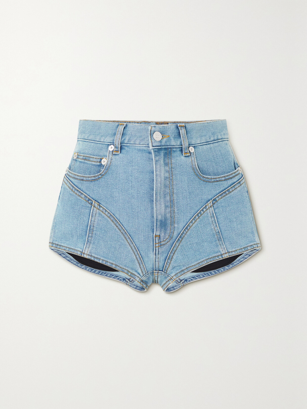 MUGLER SPIRAL PANELED DENIM AND STRETCH-JERSEY SHORTS