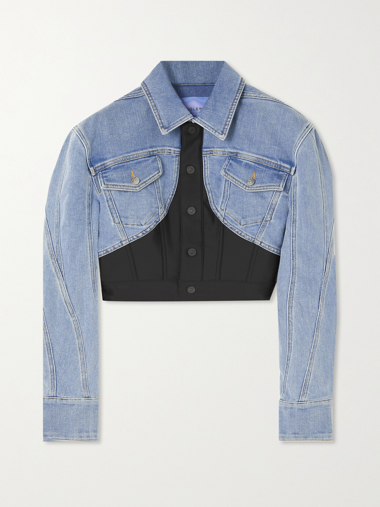 Mugler Denim-paneled Cropped Jacket In Blue