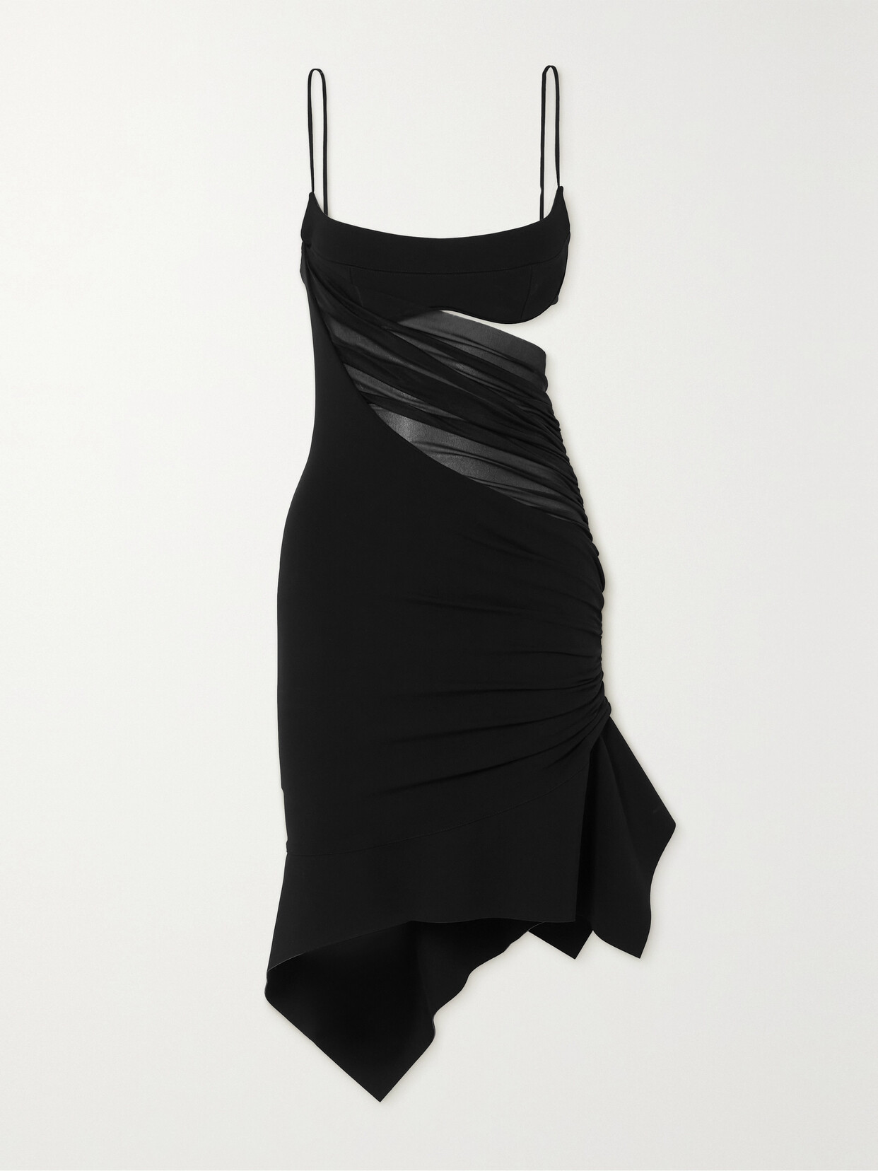 Mugler - Asymmetric Cutout Tulle-paneled Stretch-jersey Mini Dress - Black