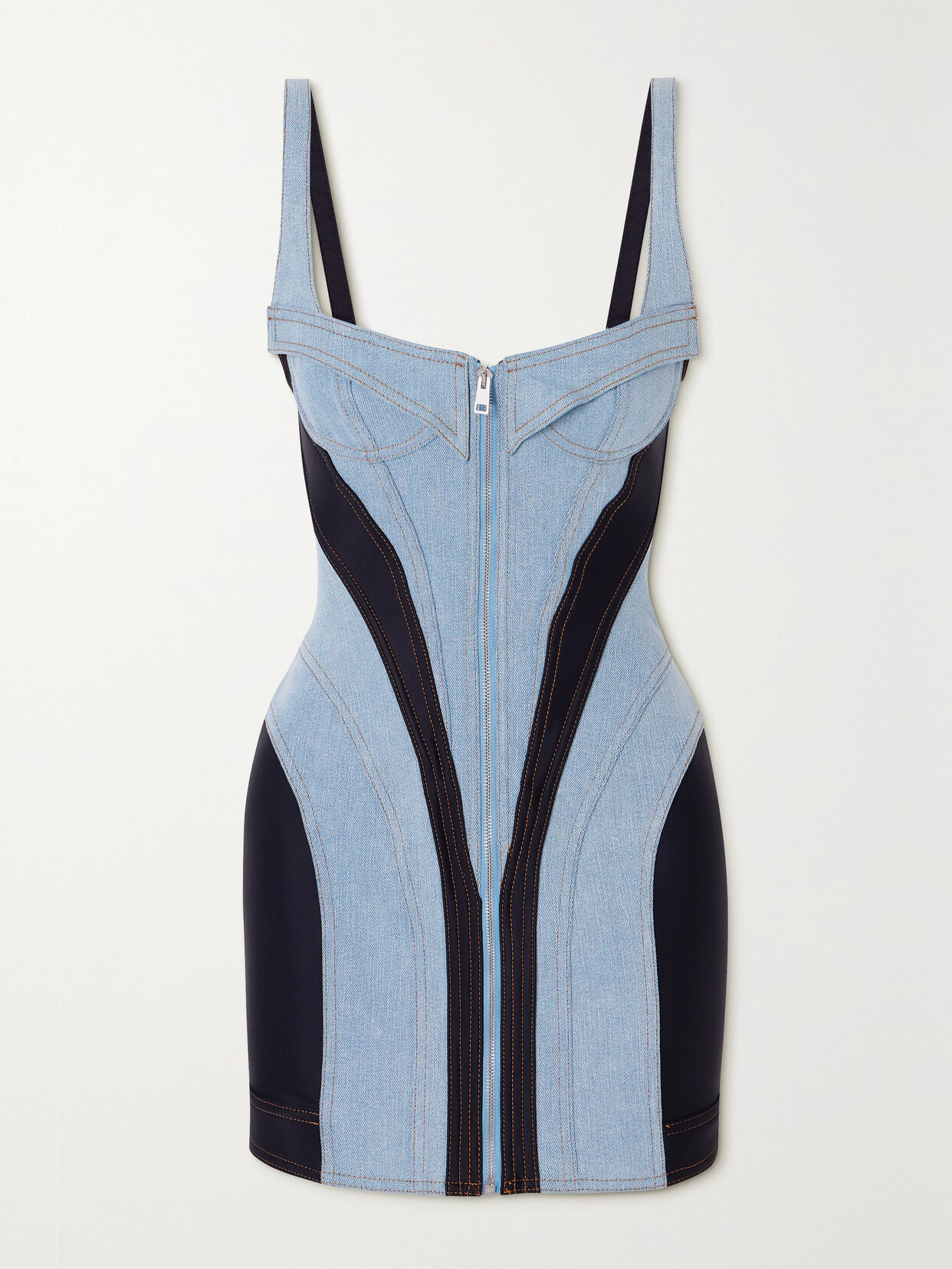 Mugler - Paneled Denim And Stretch-jersey Mini Dress - Blue