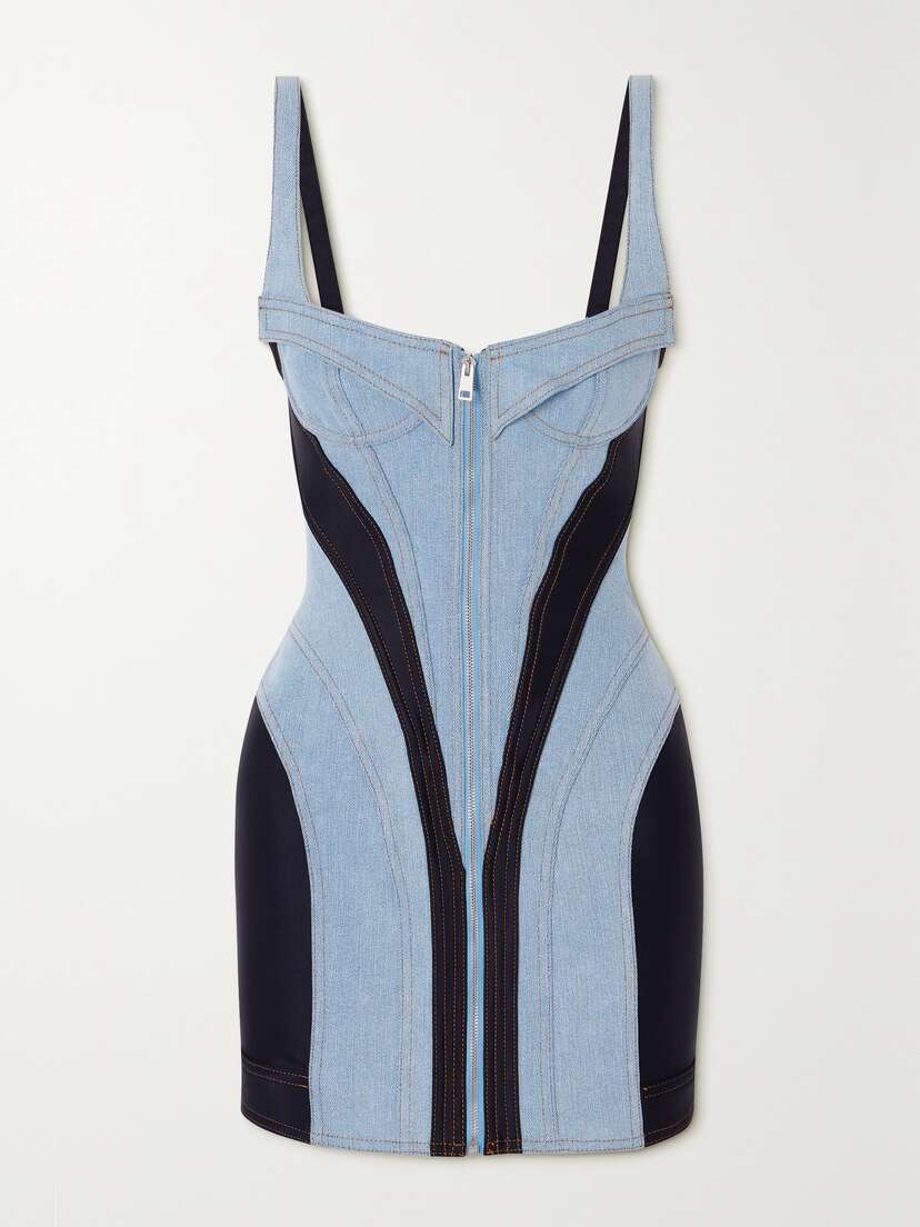 Mugler Paneled Denim And Stretch-jersey Mini Dress
