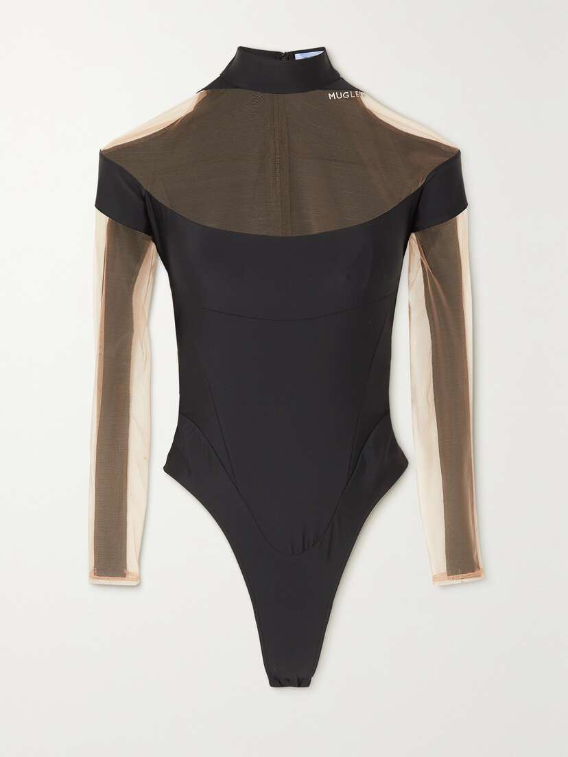 Mugler Illusion Stretch-jersey And Tulle Bodysuit