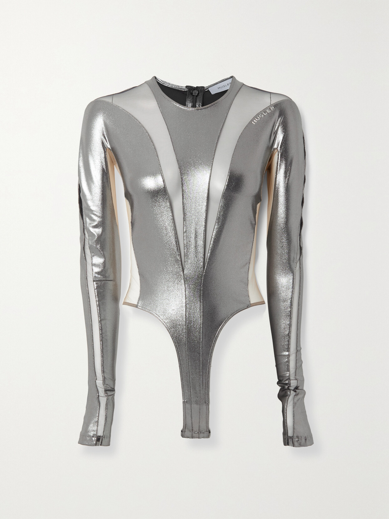 Mugler Metallic Stretch-jersey And Tulle Bodysuit - Silver