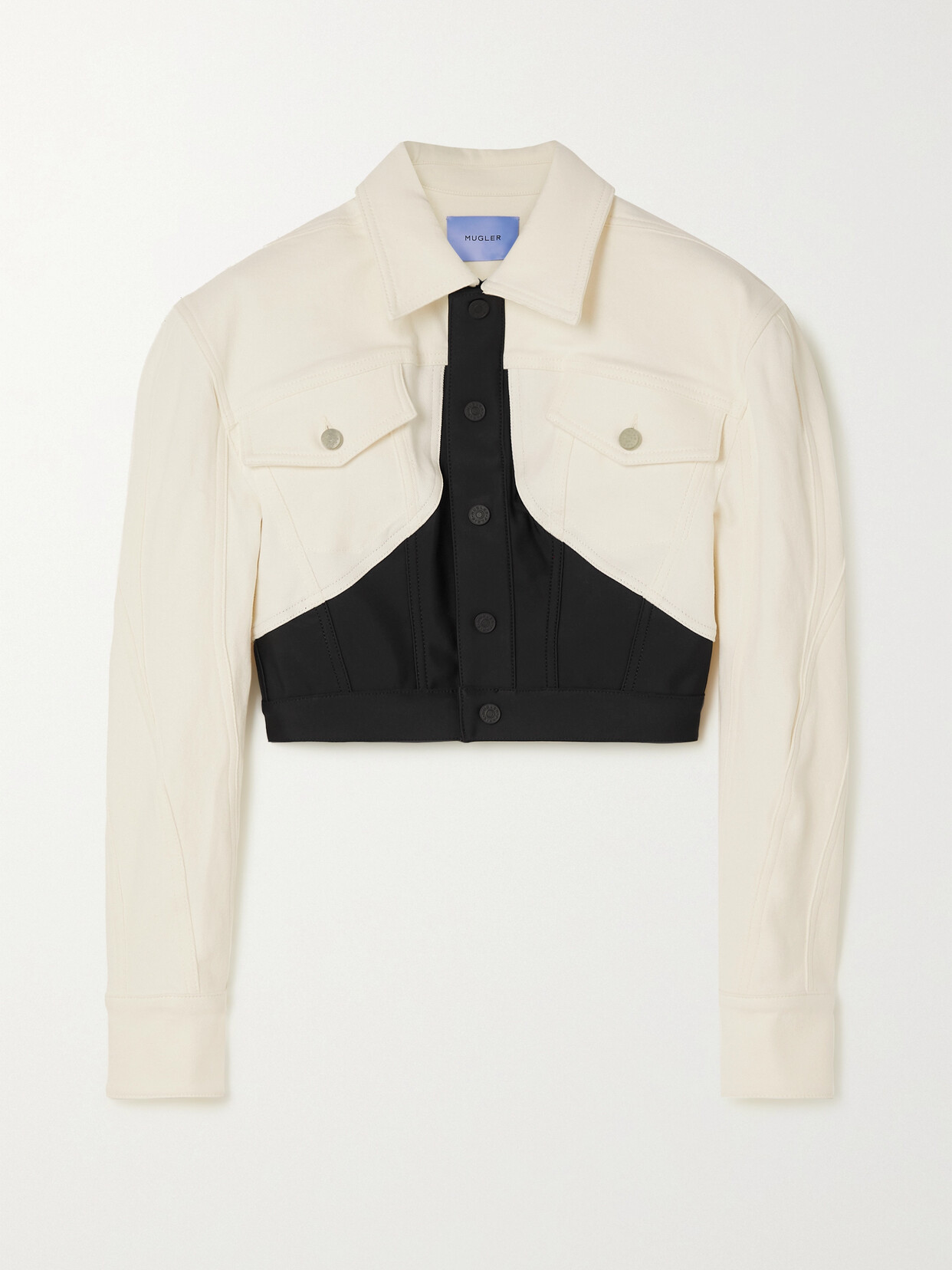 Mugler - Cropped Stretch Jersey-paneled Denim Jacket - Ivory