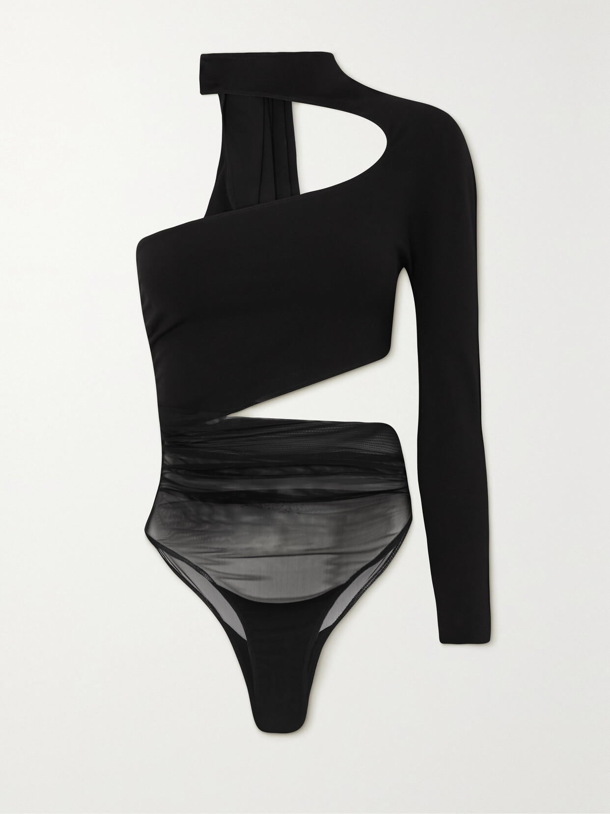 Mugler - Illusion One-sleeve Tulle-paneled Stretch-jersey Bodysuit - Black