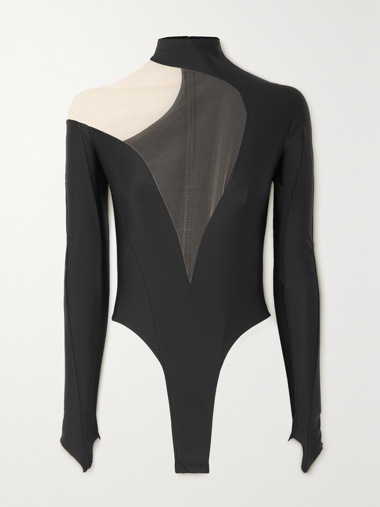 Mugler Illusion Asymmetric Tulle-paneled Stretch-jersey Bodysuit - Black