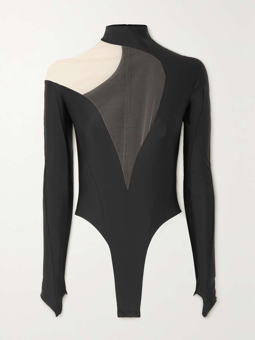 Mugler Illusion Asymmetric Tulle-paneled Stretch-jersey Bodysuit