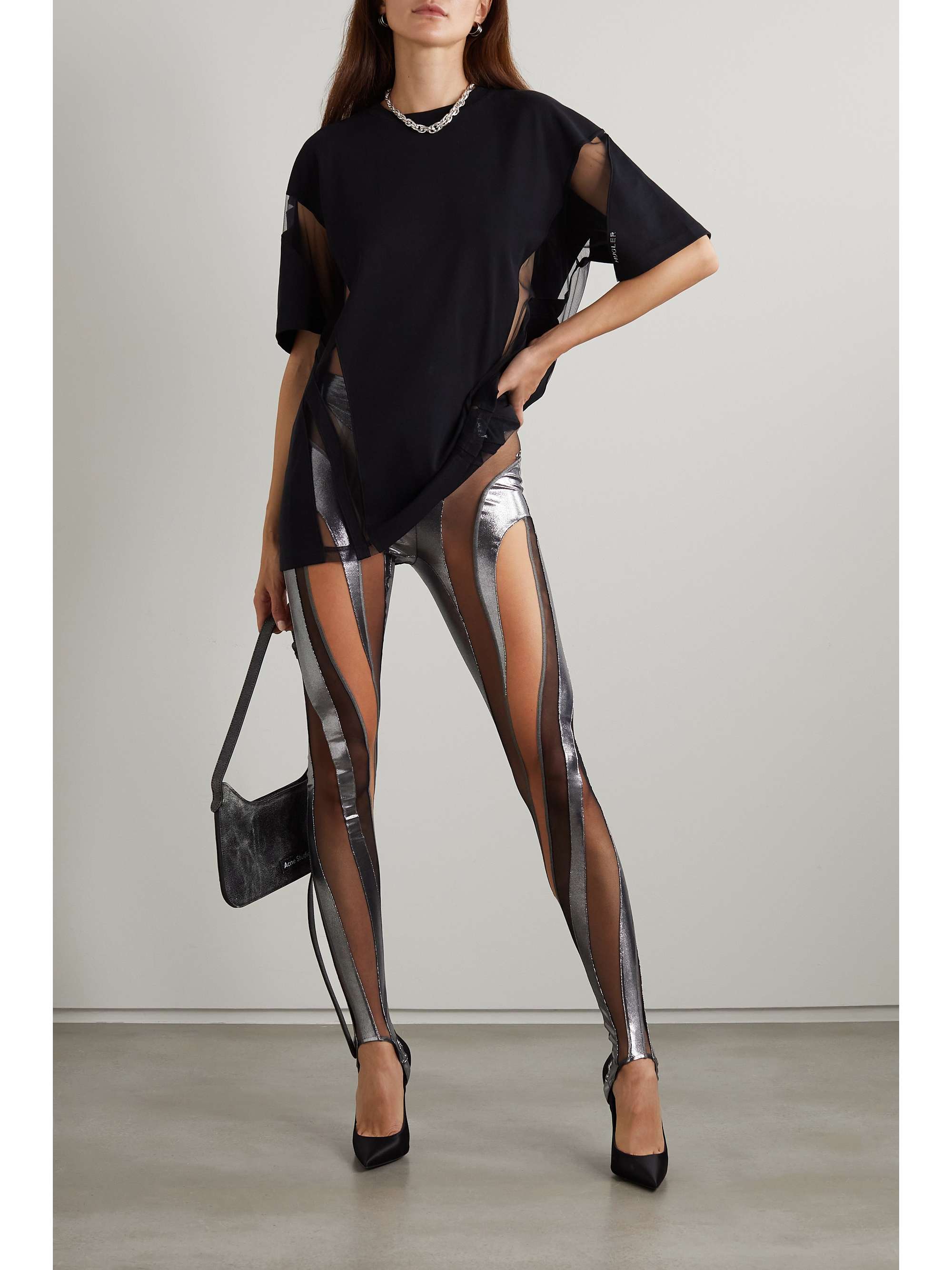 MUGLER Metallic stretch-jersey and tulle stirrup leggings