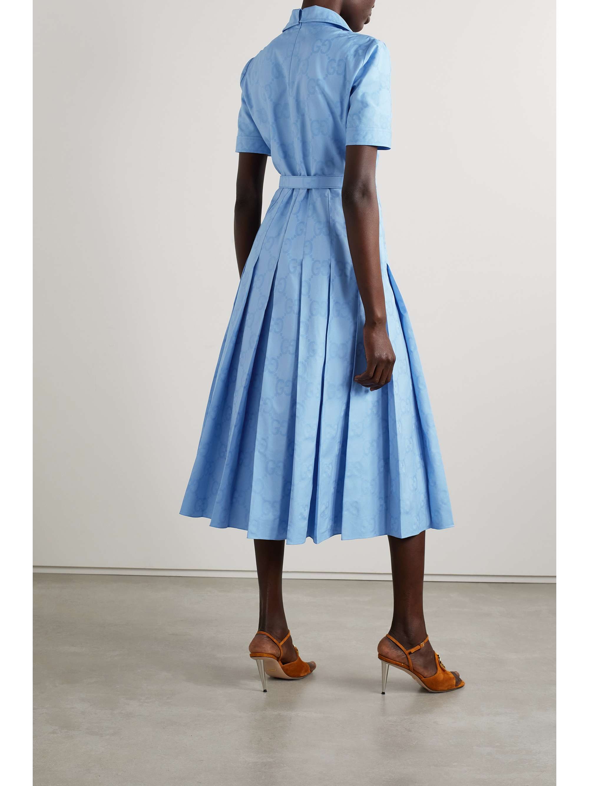 GUCCI Belted pleated cotton Oxford-jacquard midi dress