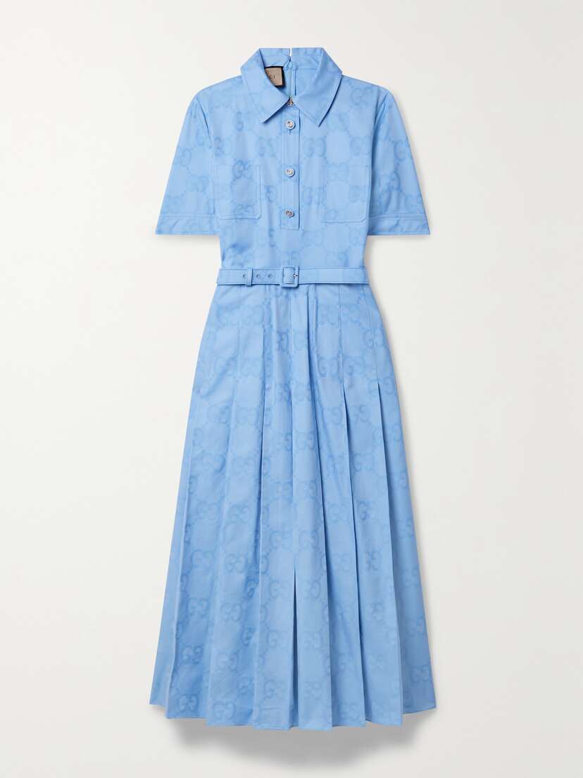 Gucci Belted Pleated Cotton Oxford-jacquard Midi Dress