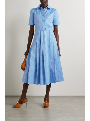 Gucci Belted pleated cotton Oxford-jacquard midi dress