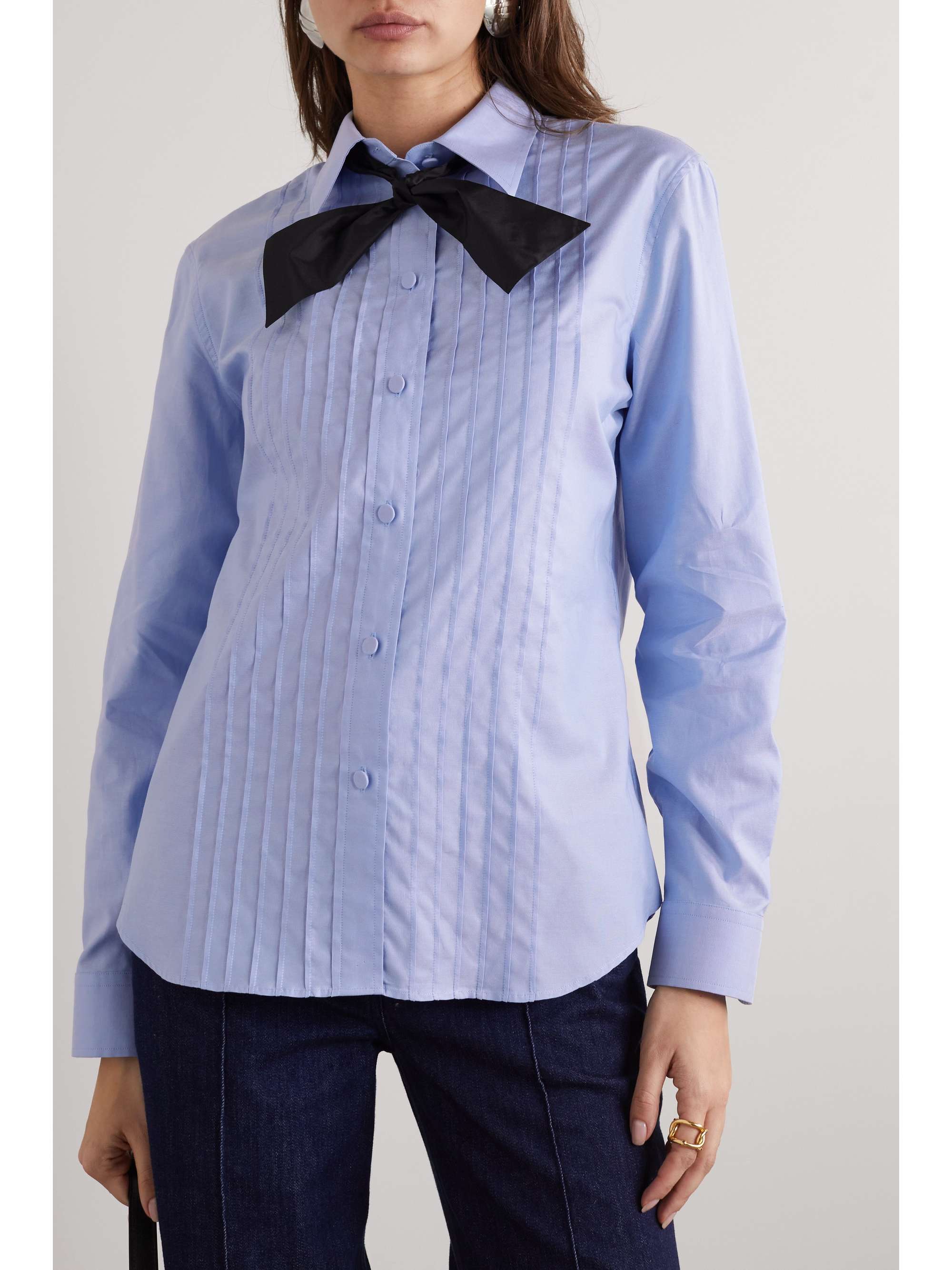GUCCI Bow-detailed pintucked cotton Oxford shirt
