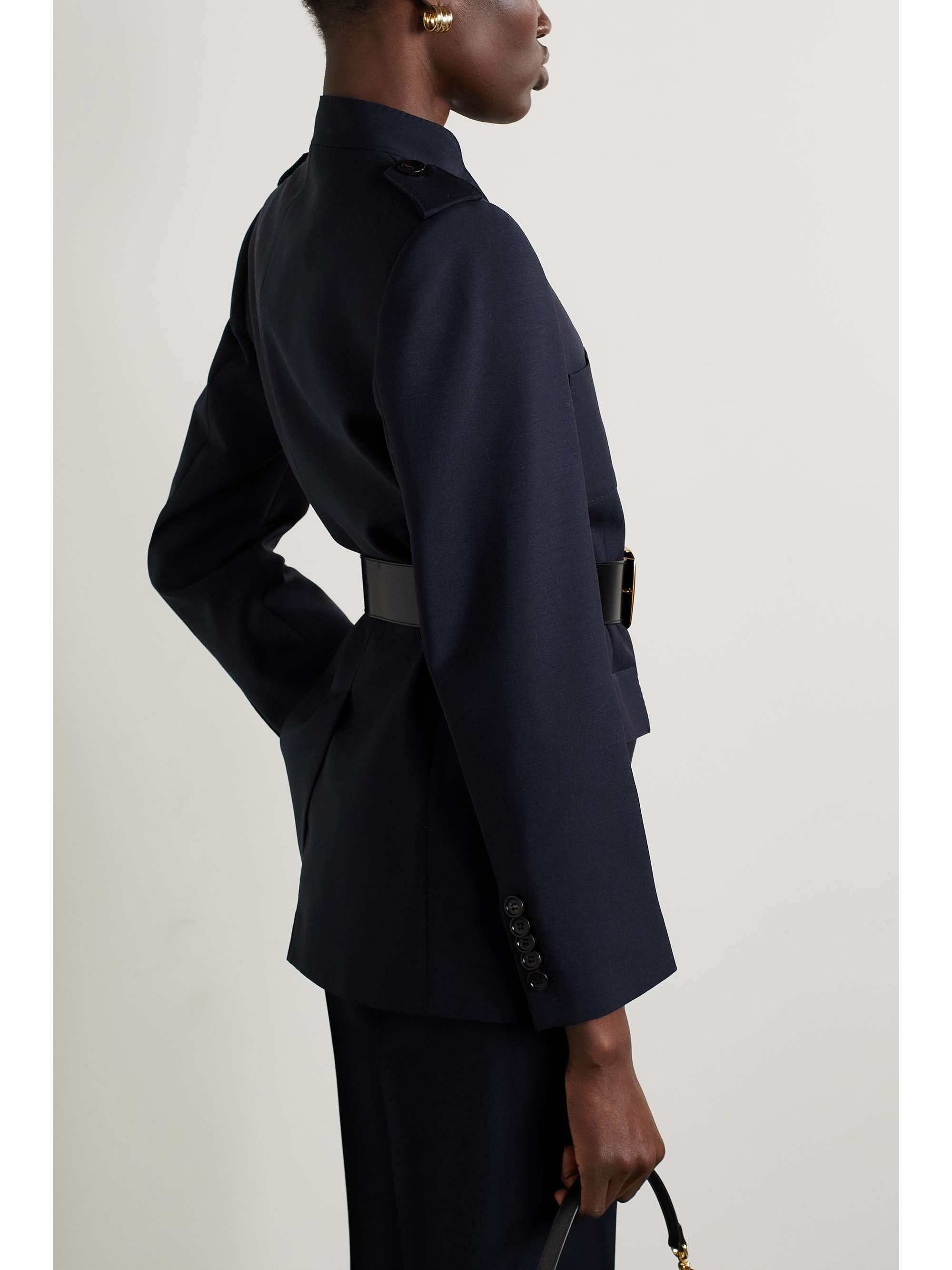 GUCCI Belted leather-trimmed mohair and wool-blend crepe blazer