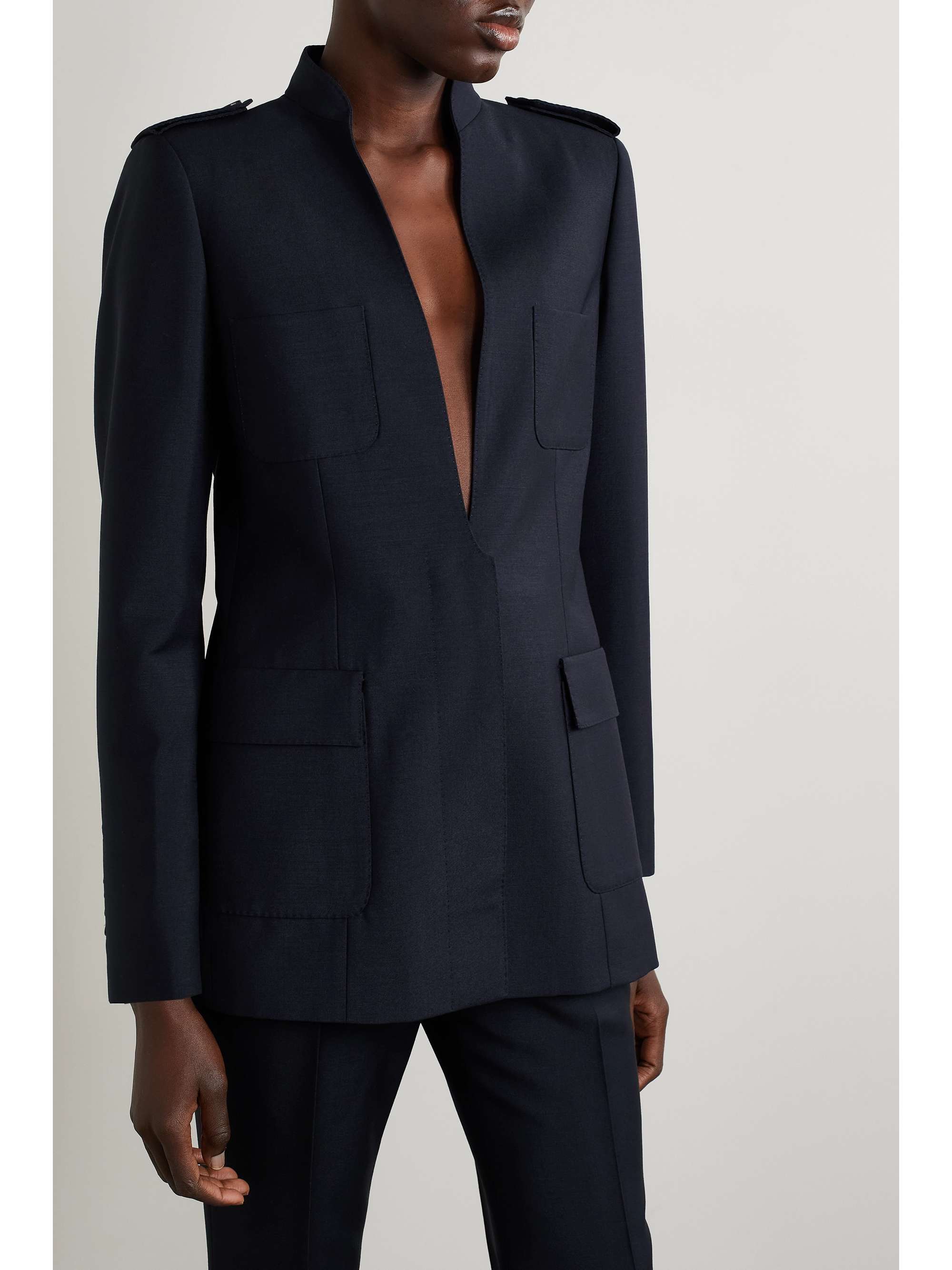 GUCCI Belted leather-trimmed mohair and wool-blend crepe blazer