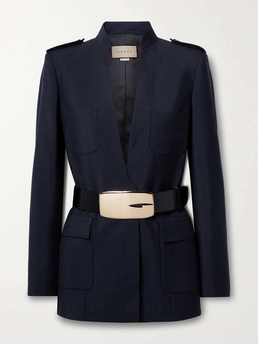 Gucci Belted Leather-trimmed Mohair And Wool-blend Crepe Blazer