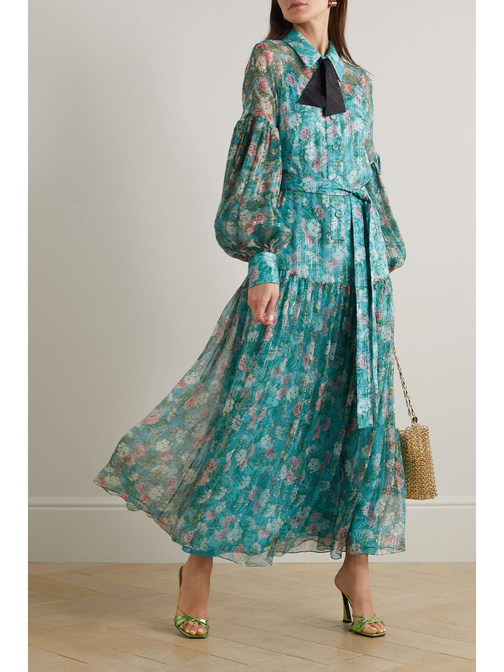 GUCCI Tie-neck floral-print metallic silk-crepon maxi dress | NET-A-PORTER