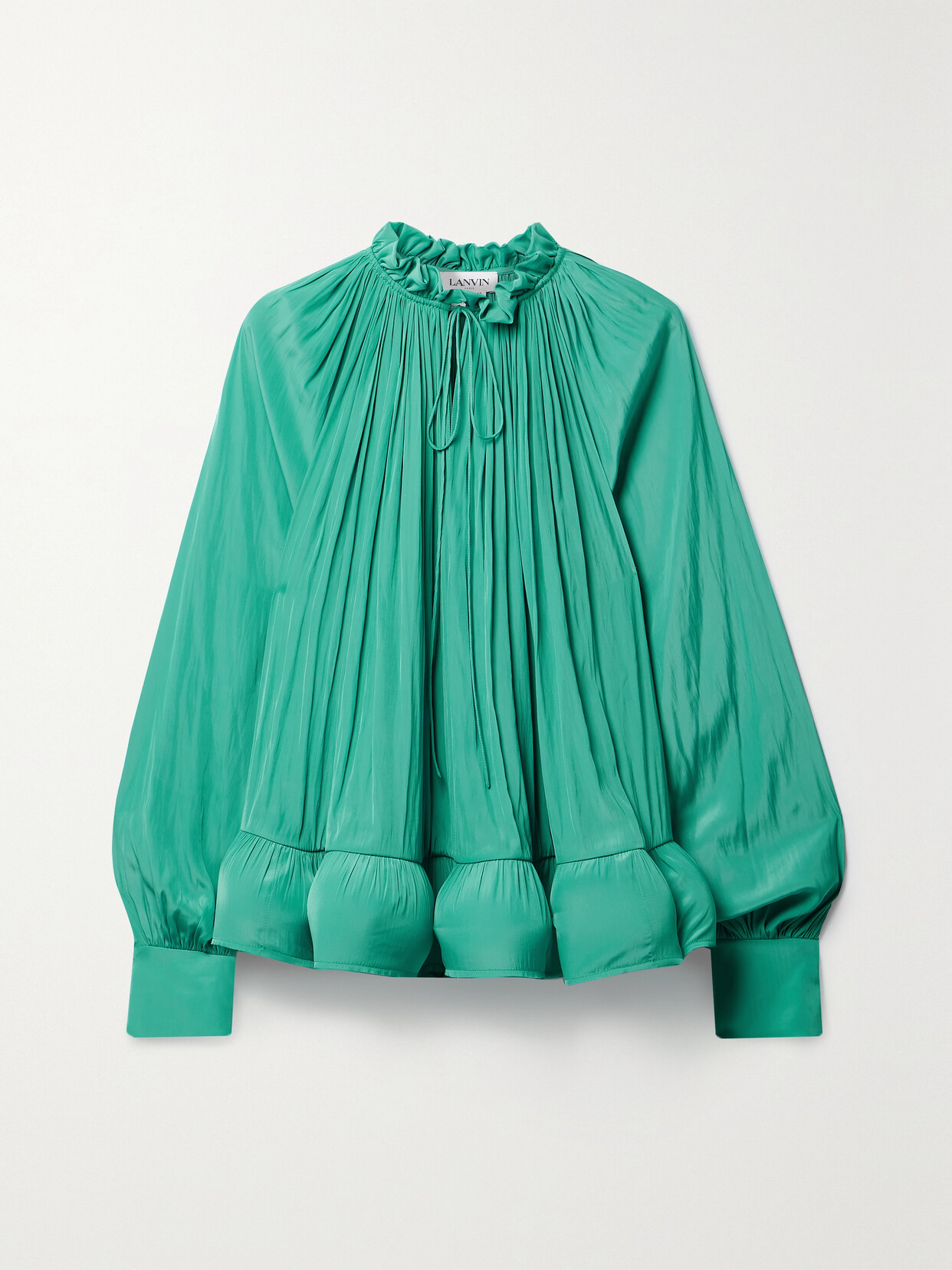 Shop Lanvin Ruffled Gathered Charmeuse Blouse In Green