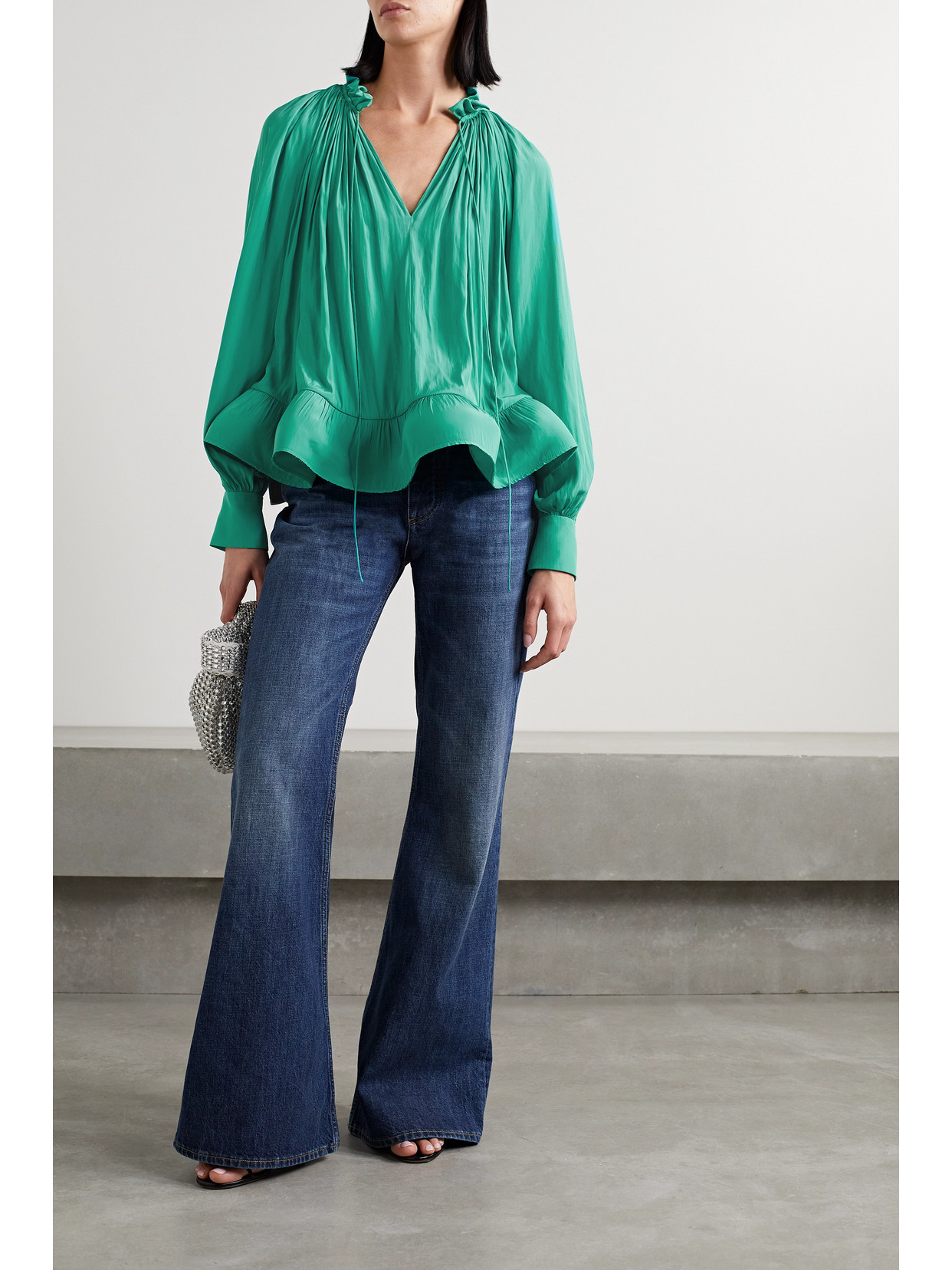 Shop Lanvin Ruffled Gathered Charmeuse Blouse In Green