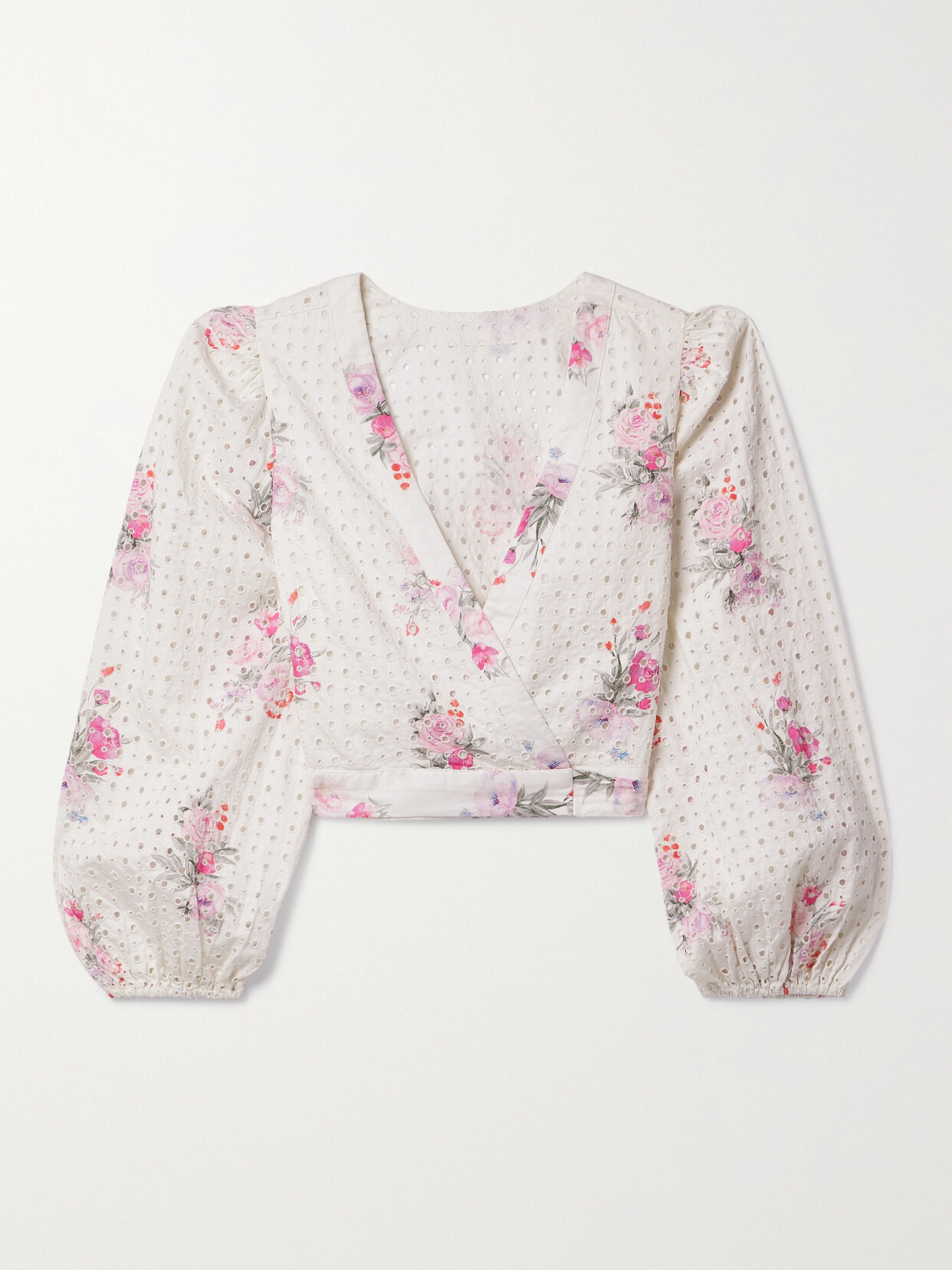 LoveShackFancy - Kinza Cropped Floral-print Broderie Anglaise Cotton-voile Wrap Top - White