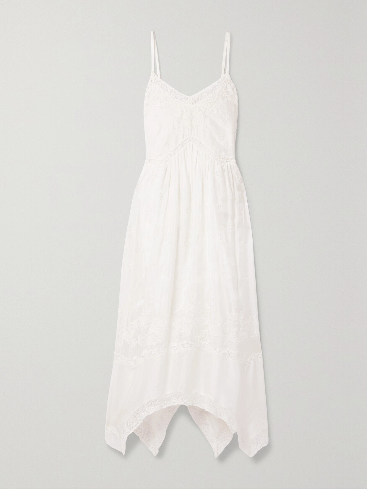 LoveShackFancy Beltana Crochet-trimmed Embroidered Silk Midi Dress - White
