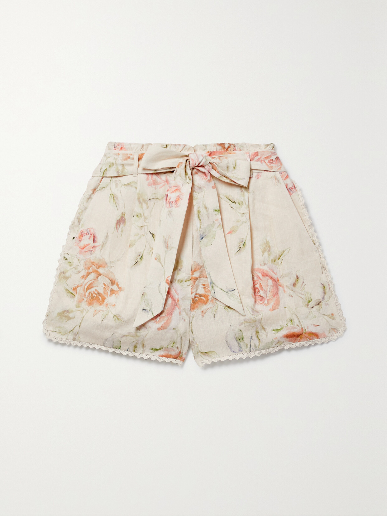 LoveShackFancy - Tivey Belted Crochet-trimmed Floral-print Linen Shorts - Orange