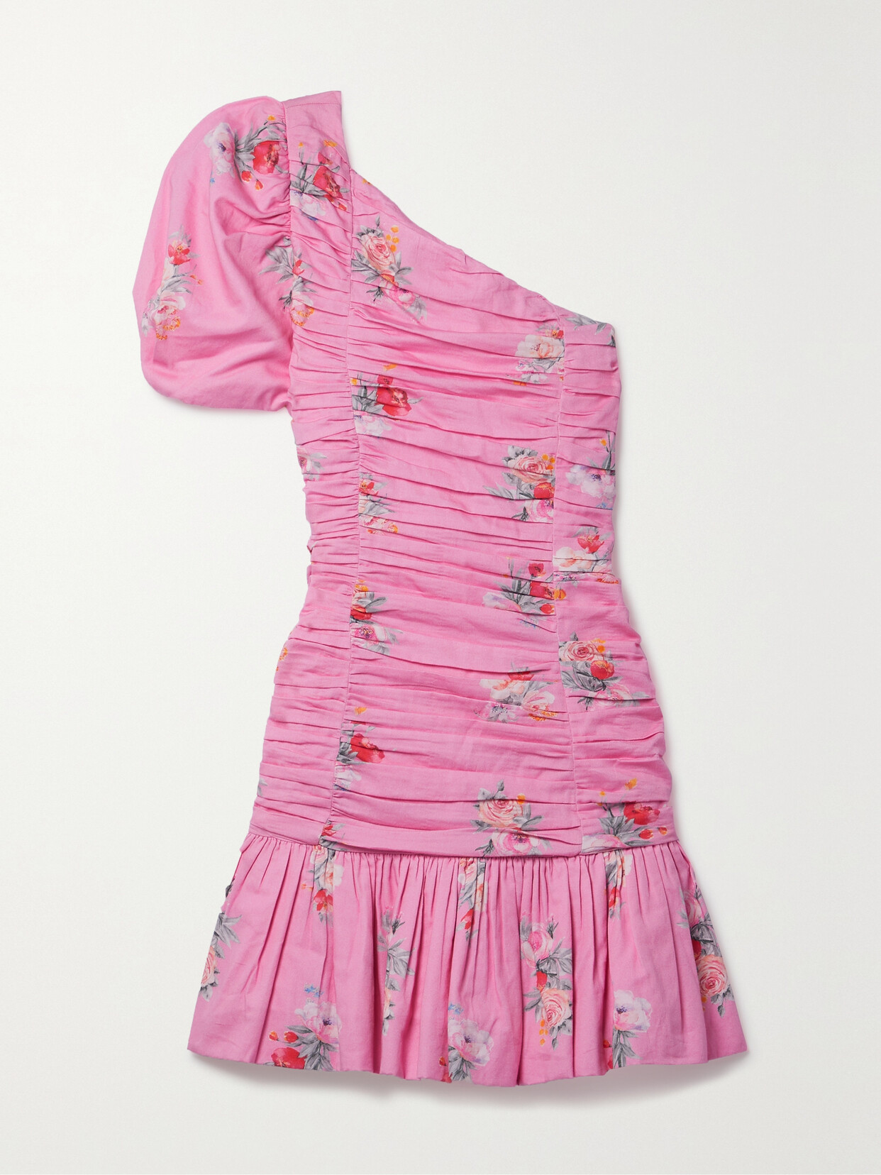LoveShackFancy Oberdine One-sleeve Gathered Floral-print Cotton Mini Dress - Pink