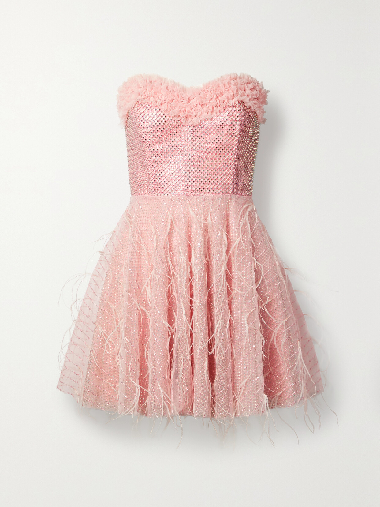 LoveShackFancy - Marvella Strapless Feather-trimmed Tulle Mini Dress - Pink