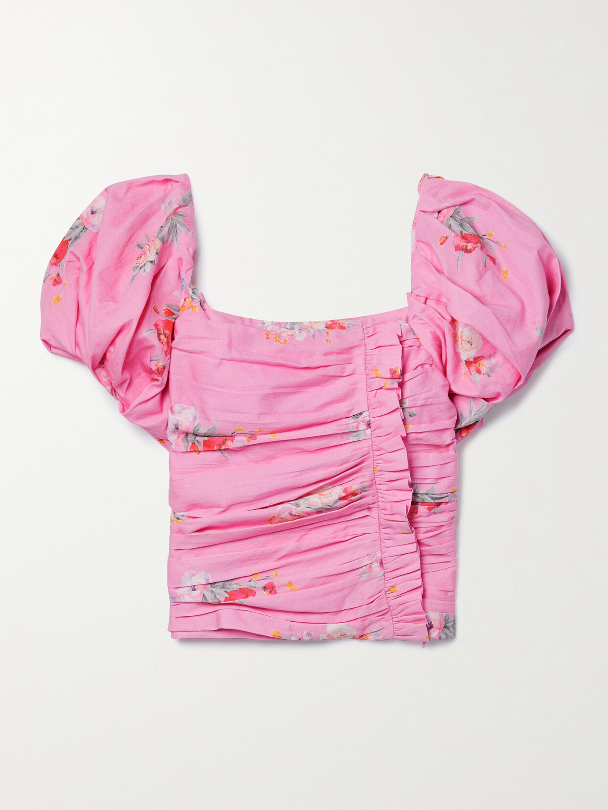 LoveShackFancy Dalima Ruched Ruffle-trimmed Floral-print Cotton Top - Pink