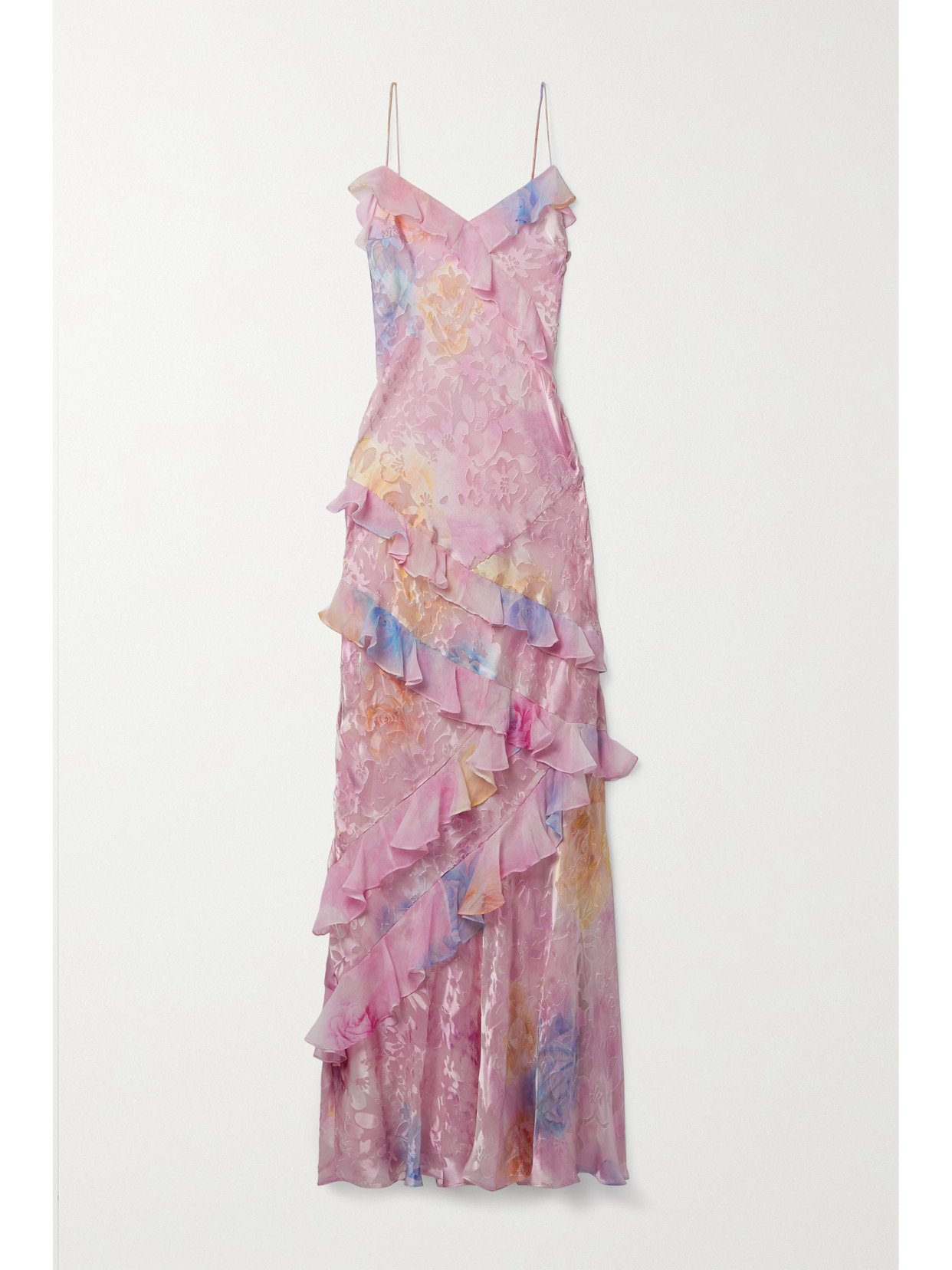 LOVESHACKFANCY RIALTO CREPON-TRIMMED PRINTED DEVORÉ MAXI DRESS