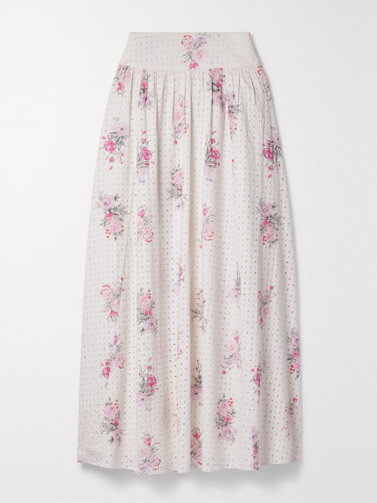 LoveShackFancy Aventi Gathered Floral-print Broderie Anglaise Cotton-voile Maxi Skirt - White