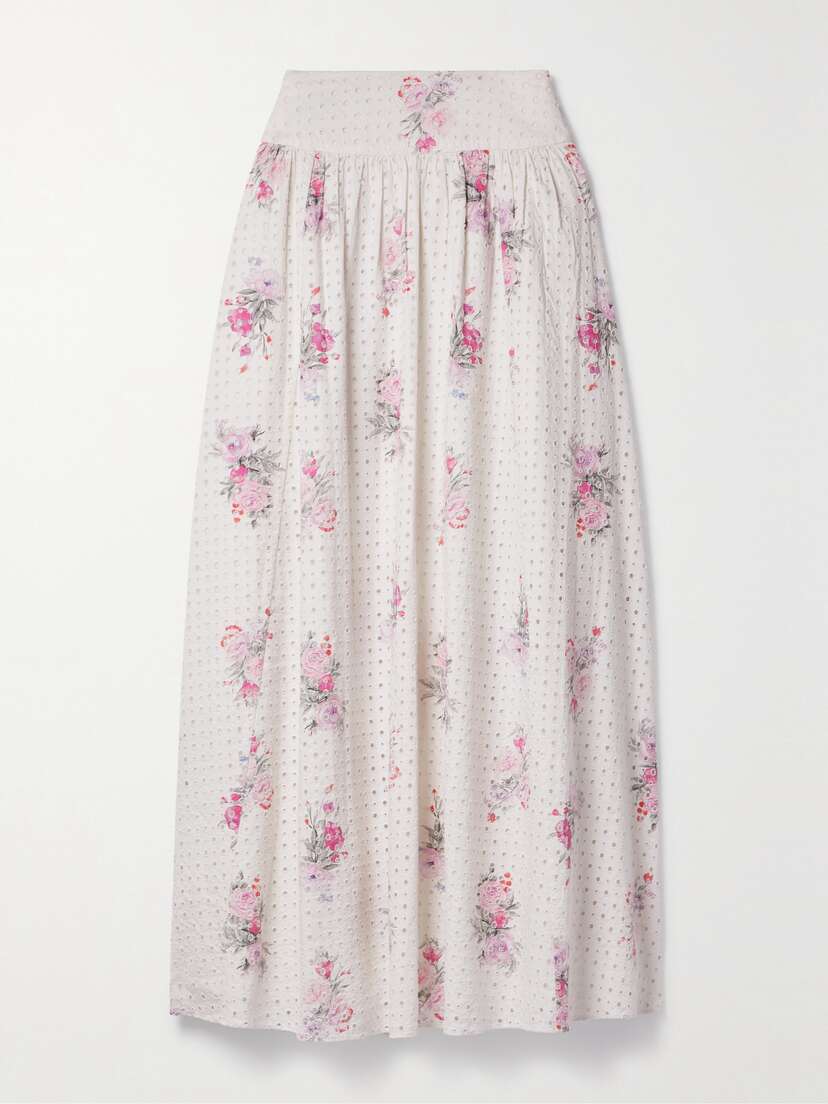 LoveShackFancy Aventi Gathered Floral-print Broderie Anglaise Cotton-voile Maxi Skirt