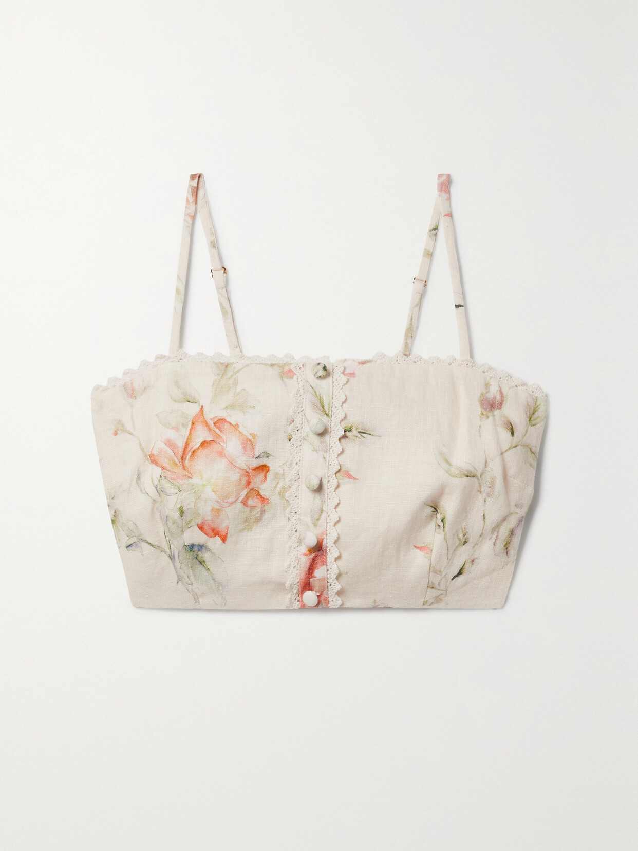 LoveShackFancy Emmalou Cropped Crochet-trimmed Floral-print Linen Top - Orange