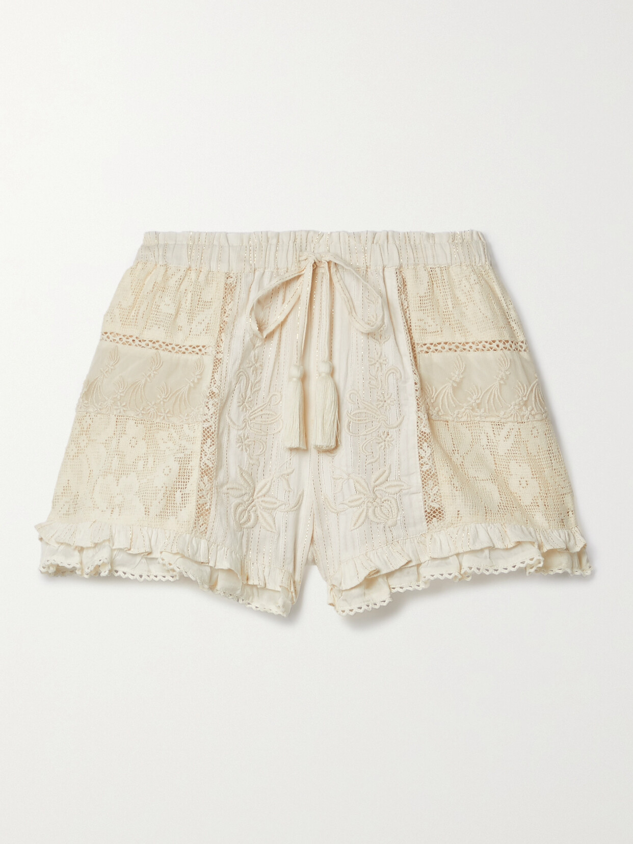 LoveShackFancy Peyonne Ruffled Embroidered Cotton-blend Voile, Tulle And Crochet Shorts - Cream