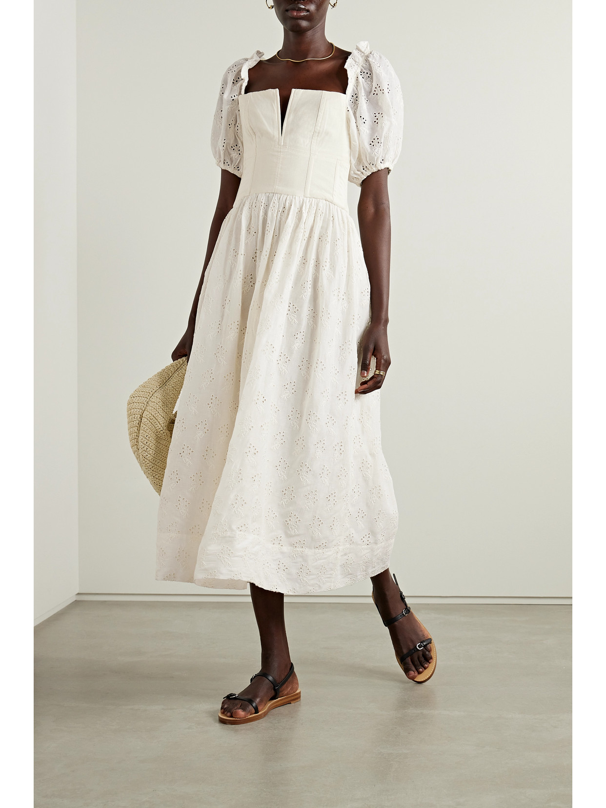 Shop The Great The Primrose Broderie Anglaise Cotton Midi Dress In Cream