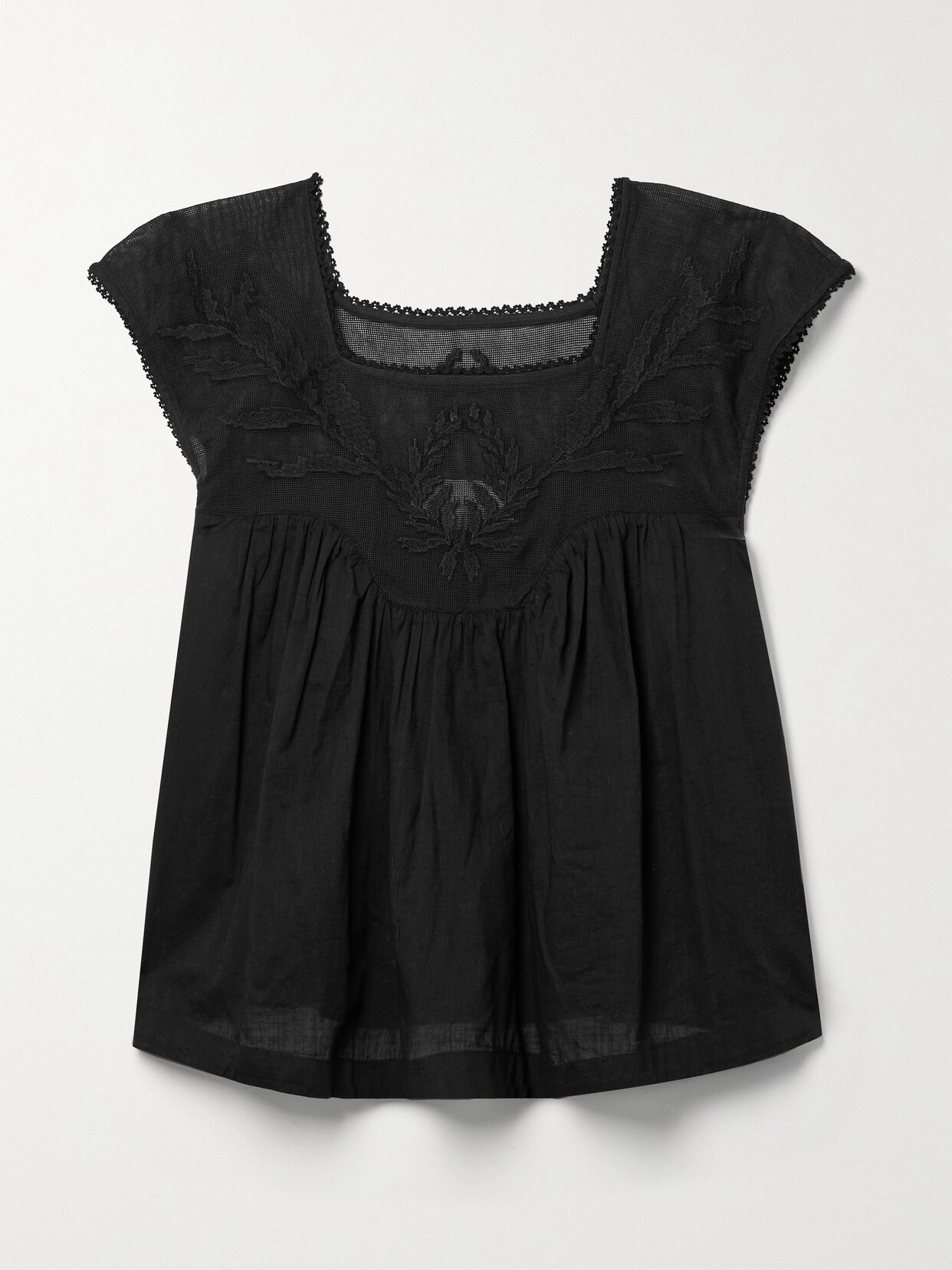 The Great The Dawn Embroidered Mesh-trimmed Cotton-voile Blouse - Black
