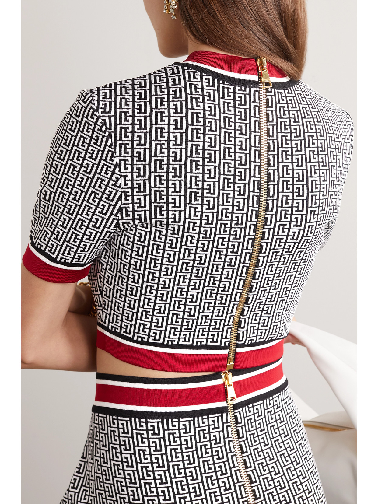 Shop Balmain Cropped Button-embellished Jacquard-knit Top In White