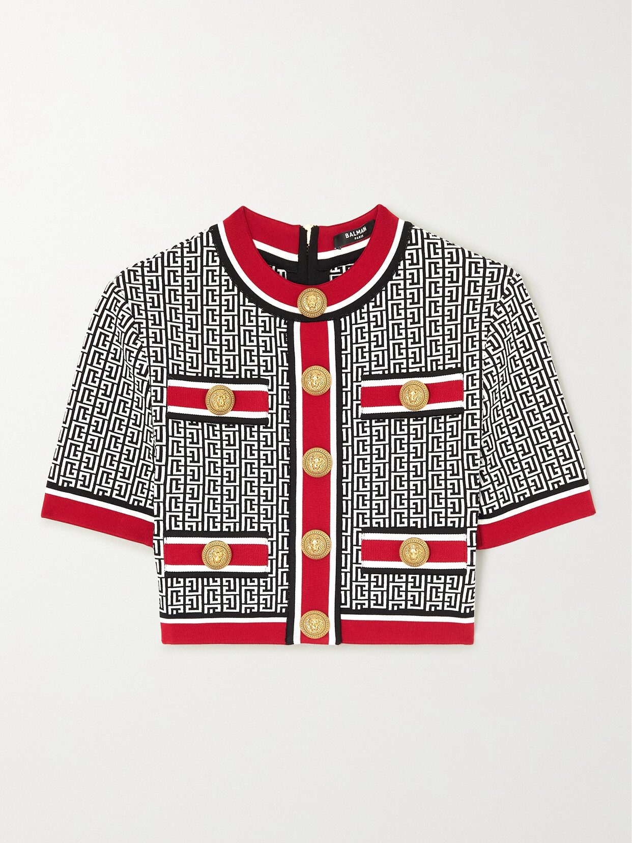 Shop Balmain Cropped Button-embellished Jacquard-knit Top In White