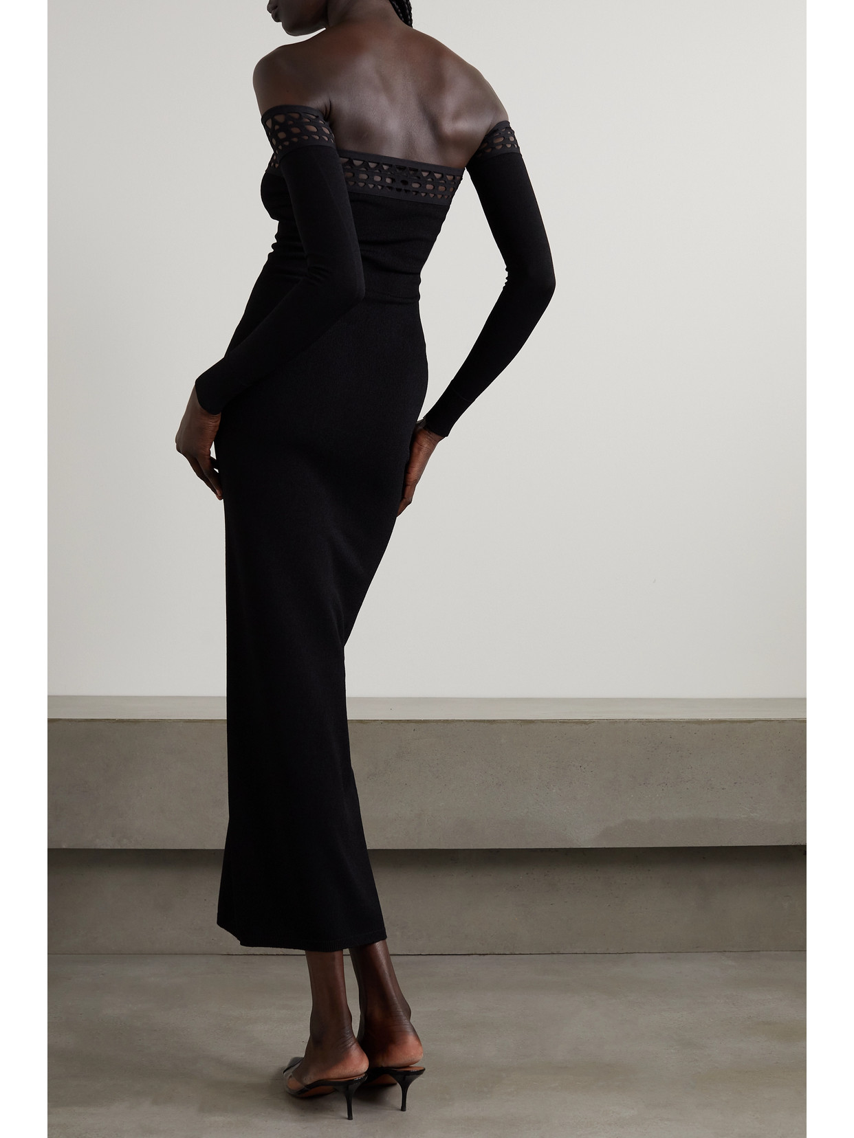 Shop Alaïa Archetypes Convertible Off-the-shoulder Stretch-knit Midi Dress In Black