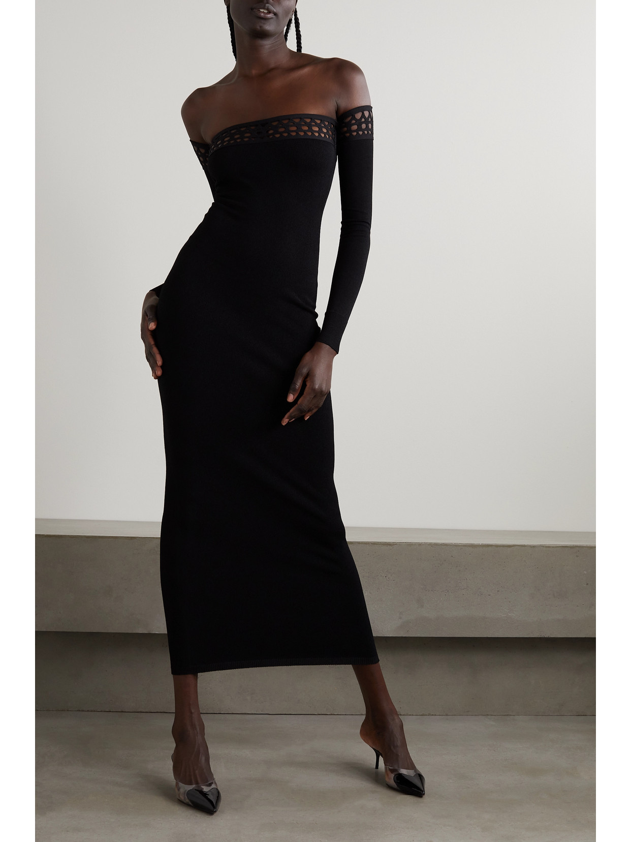 Shop Alaïa Archetypes Convertible Off-the-shoulder Stretch-knit Midi Dress In Black