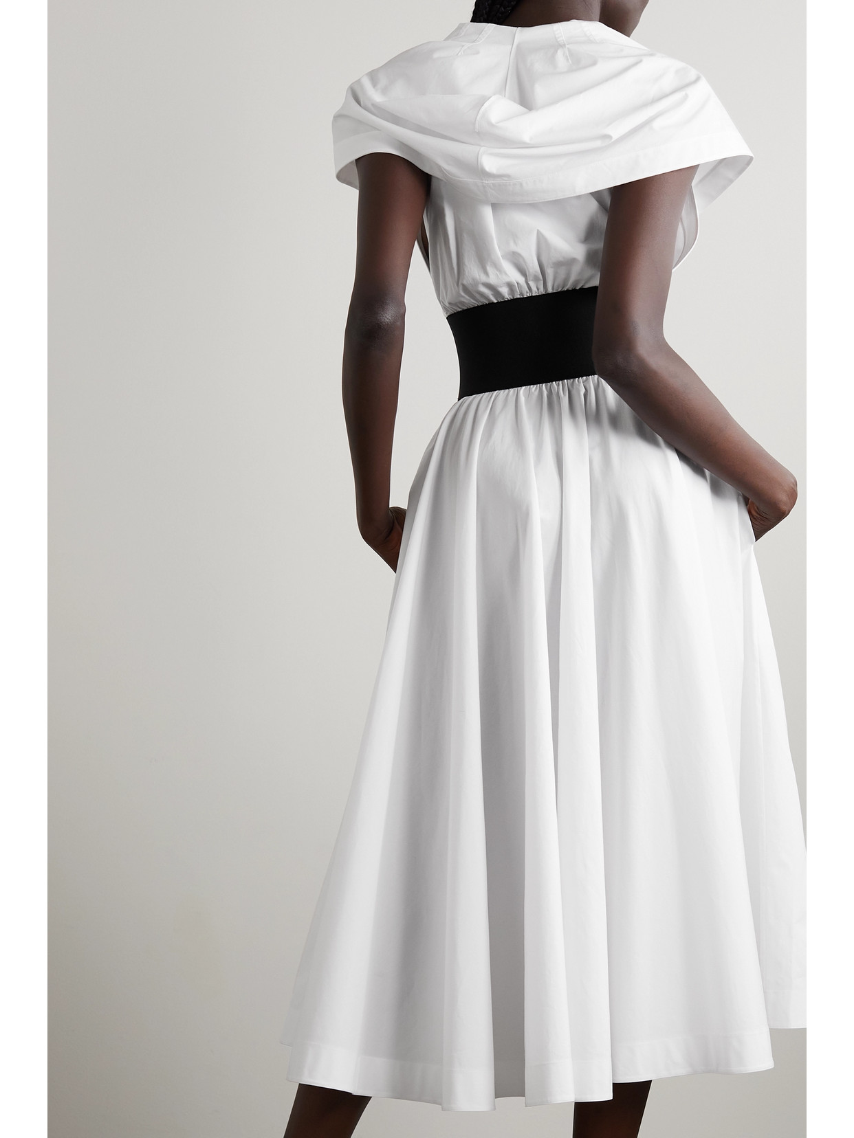 Alaïa Archetypes Cape-effect Belted Leather-trimmed Cotton-poplin Midi Dress In White
