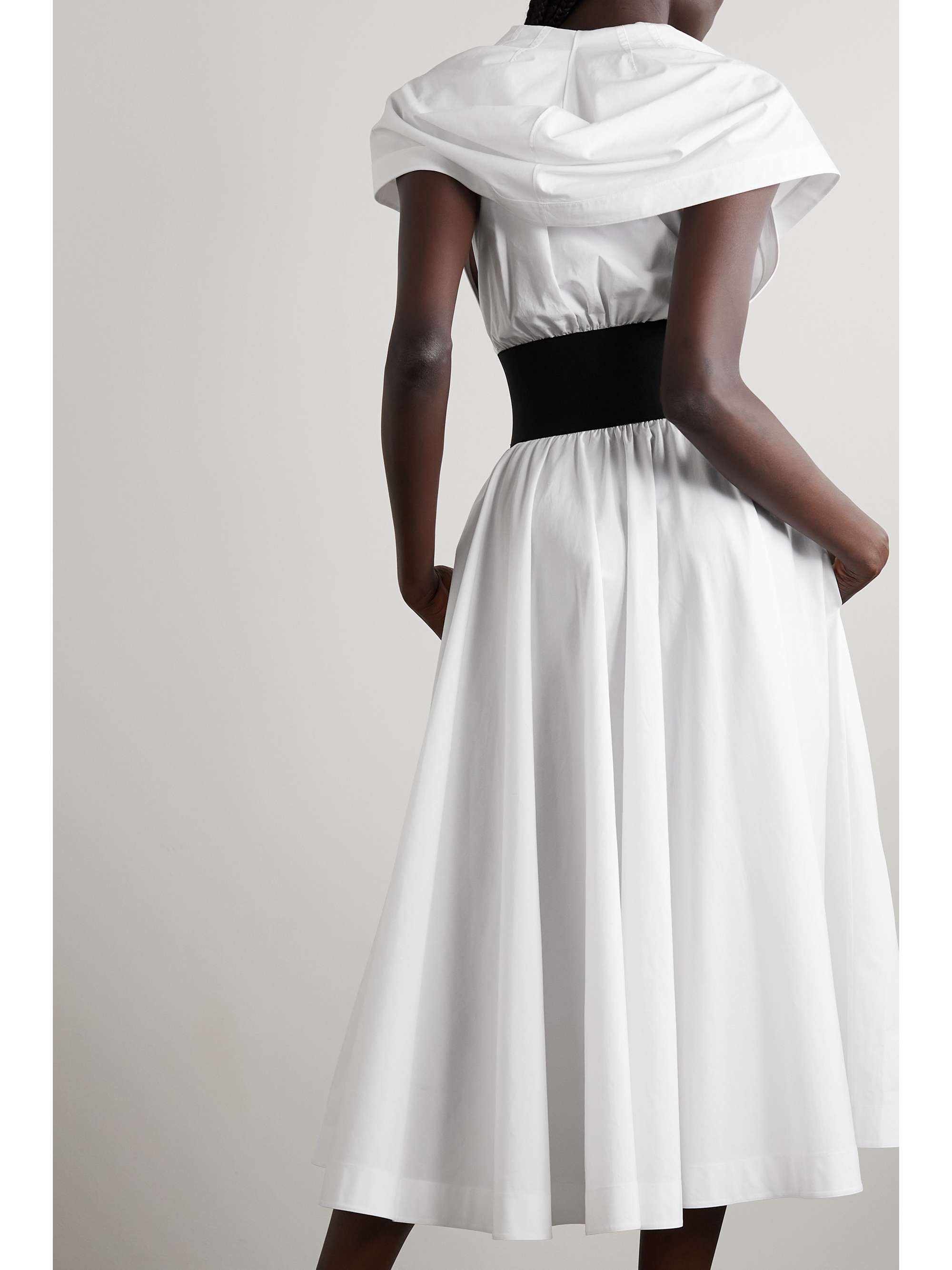 ALAÏA Archetypes cape-effect belted leather-trimmed cotton-poplin midi dress