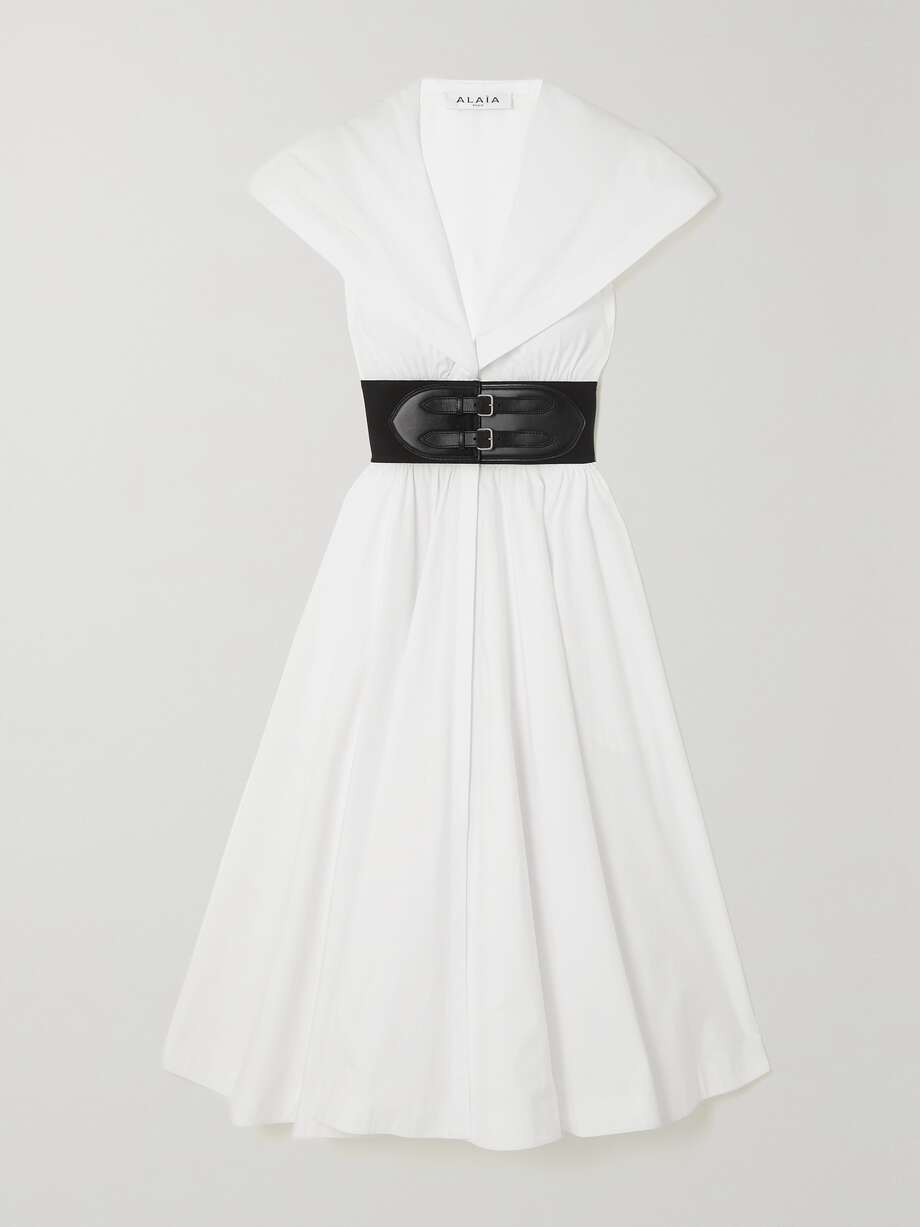 archetypes cape-effect belted leather-trimmed cotton-poplin midi dress