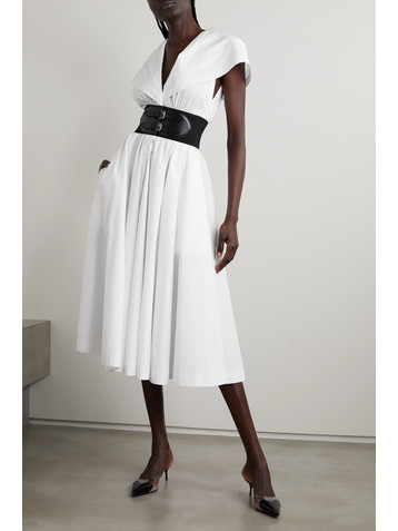 Alaïa Archetypes cape-effect belted leather-trimmed cotton-poplin midi dress
