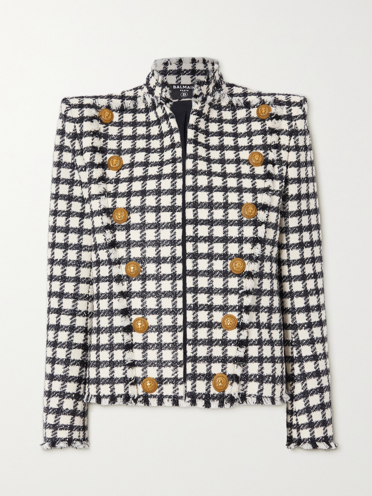 Balmain - Button-embellished Checked Metallic Wool-blend Tweed Jacket - White