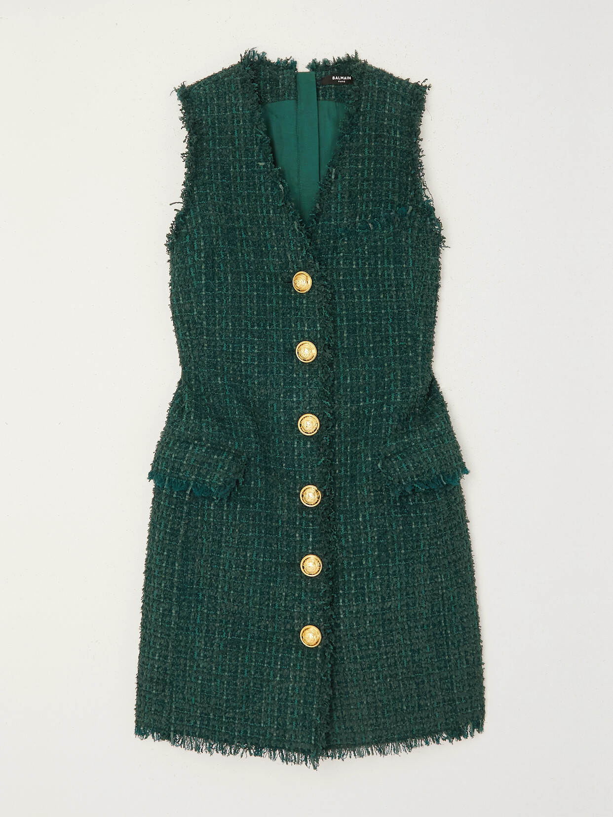 Balmain Button-embellished Tweed Mini Dress In Green