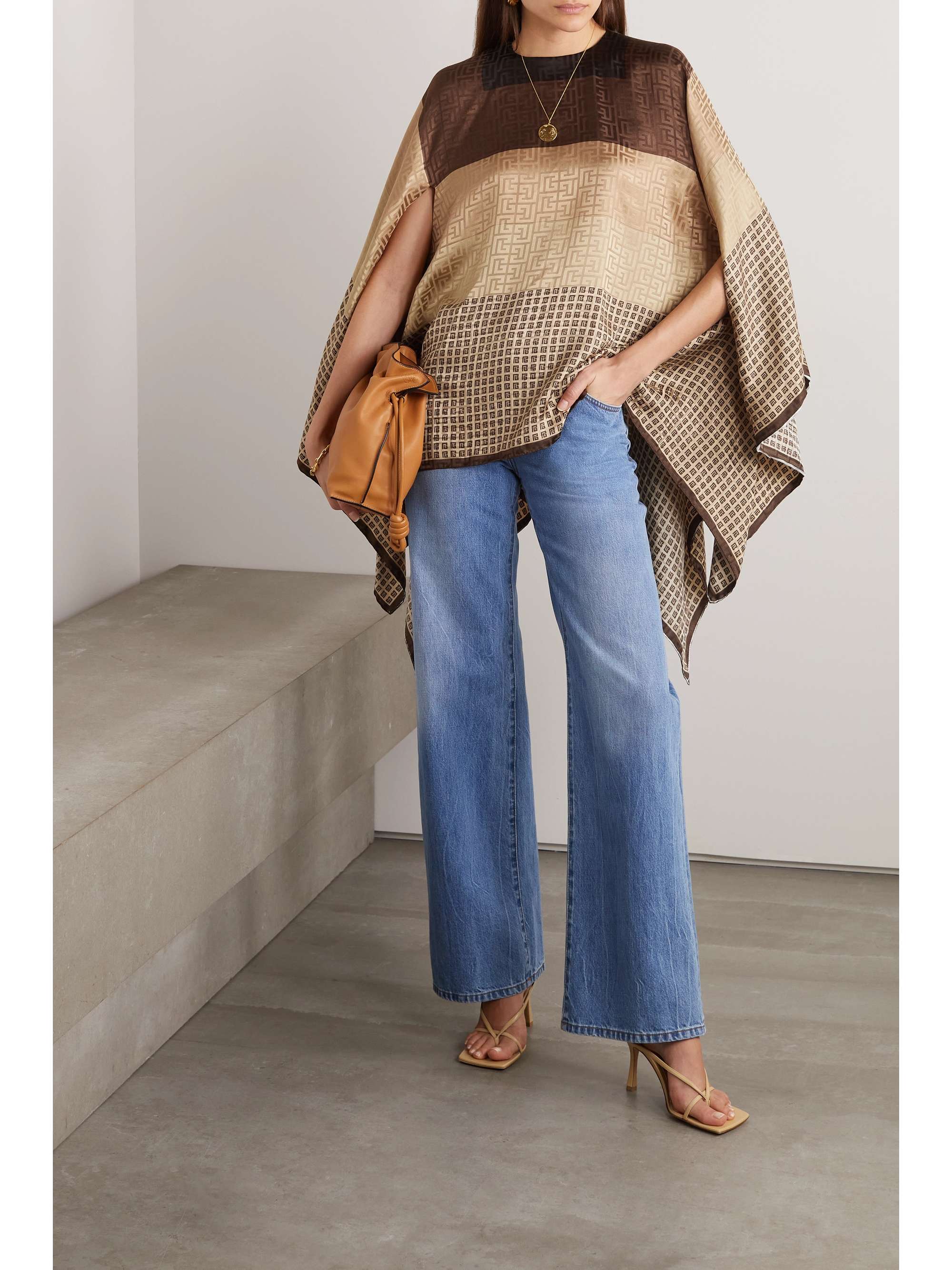 BALMAIN Printed silk-jacquard poncho