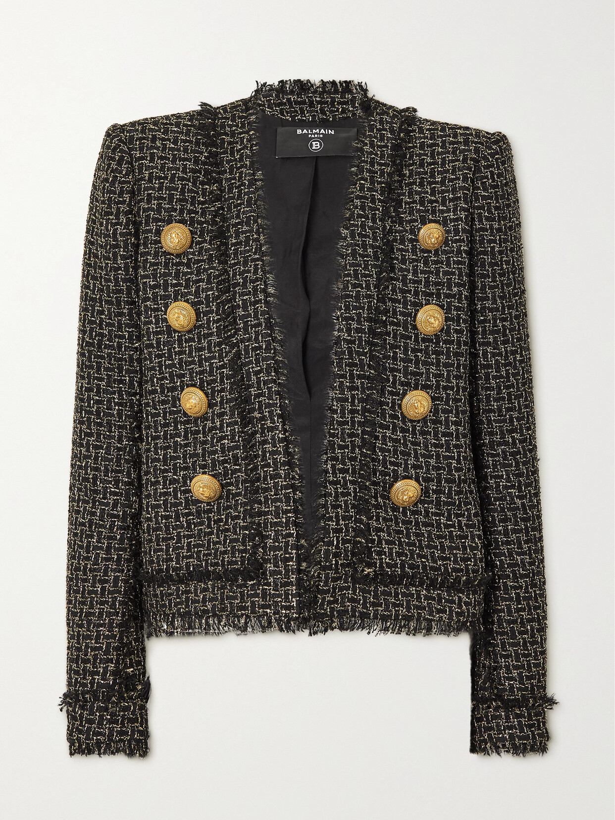 BALMAIN BUTTON-EMBELLISHED METALLIC TWEED JACKET