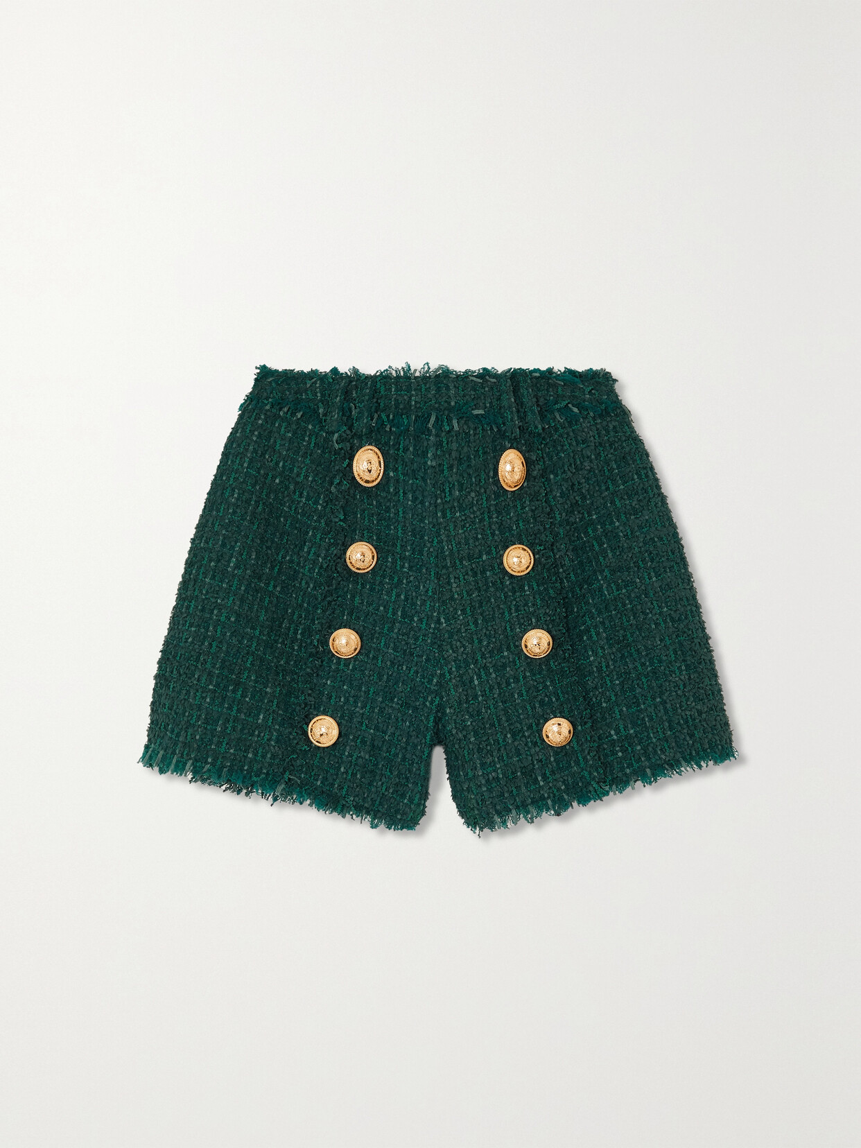 Balmain - Frayed Button-embellished Bouclé Shorts - Green