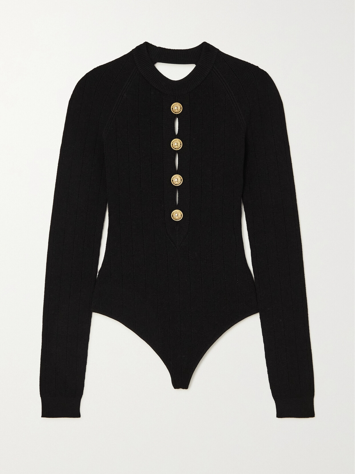 Balmain - Open-back Button-embellished Ribbed-knit Bodysuit - Black