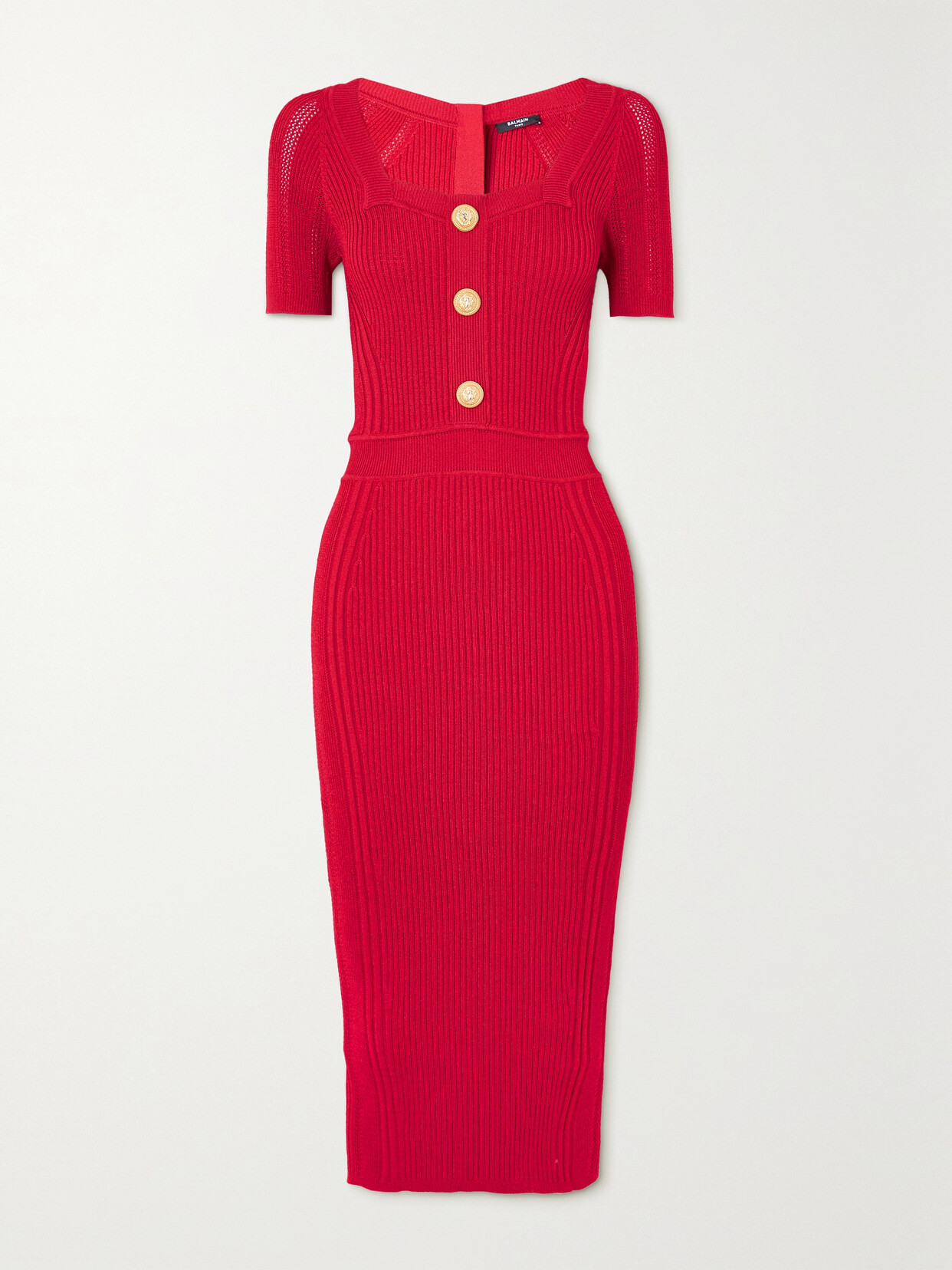 Balmain - Button-embellished Ribbed-knit Midi Dress - Red